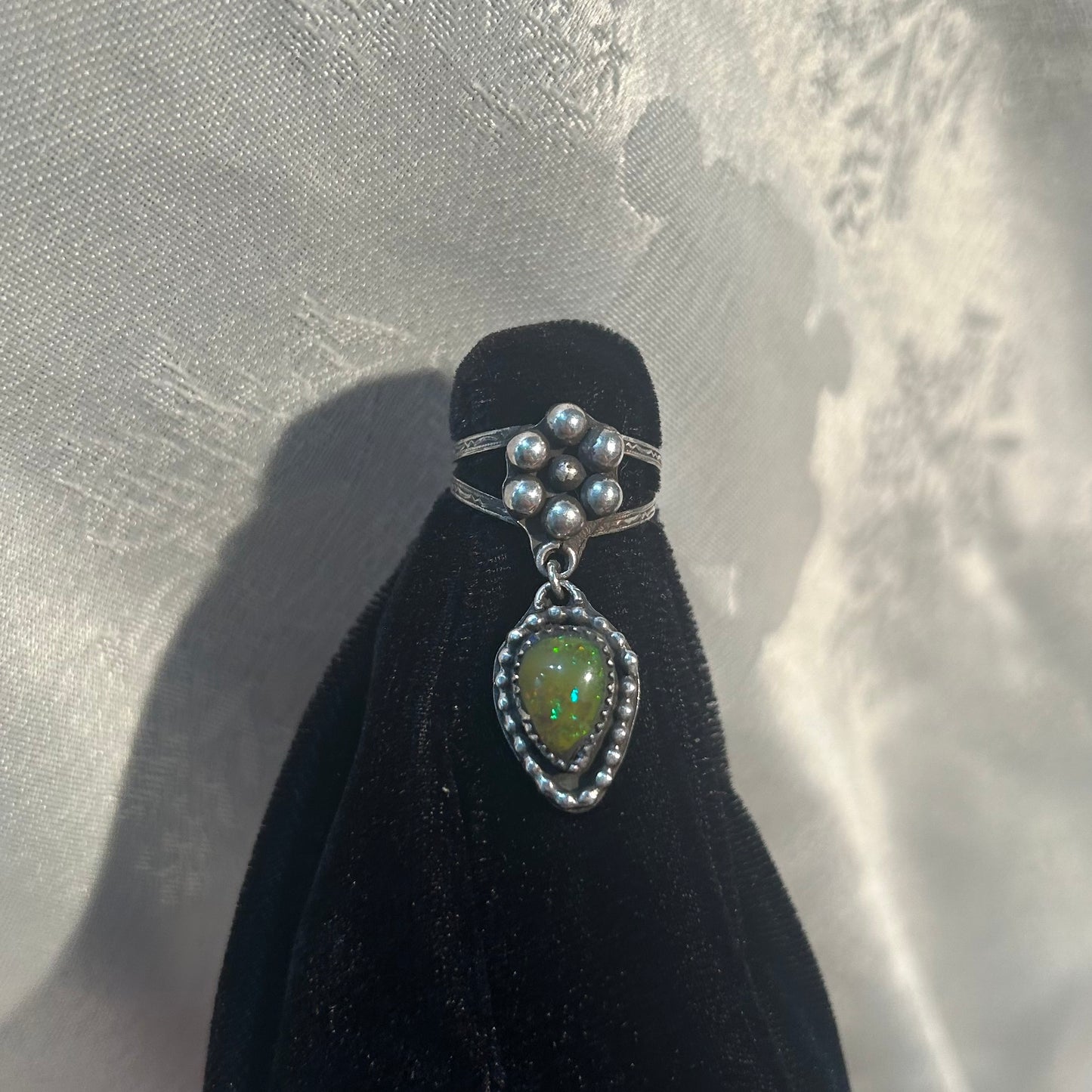 Green Opal Dangle charm Flower Ring