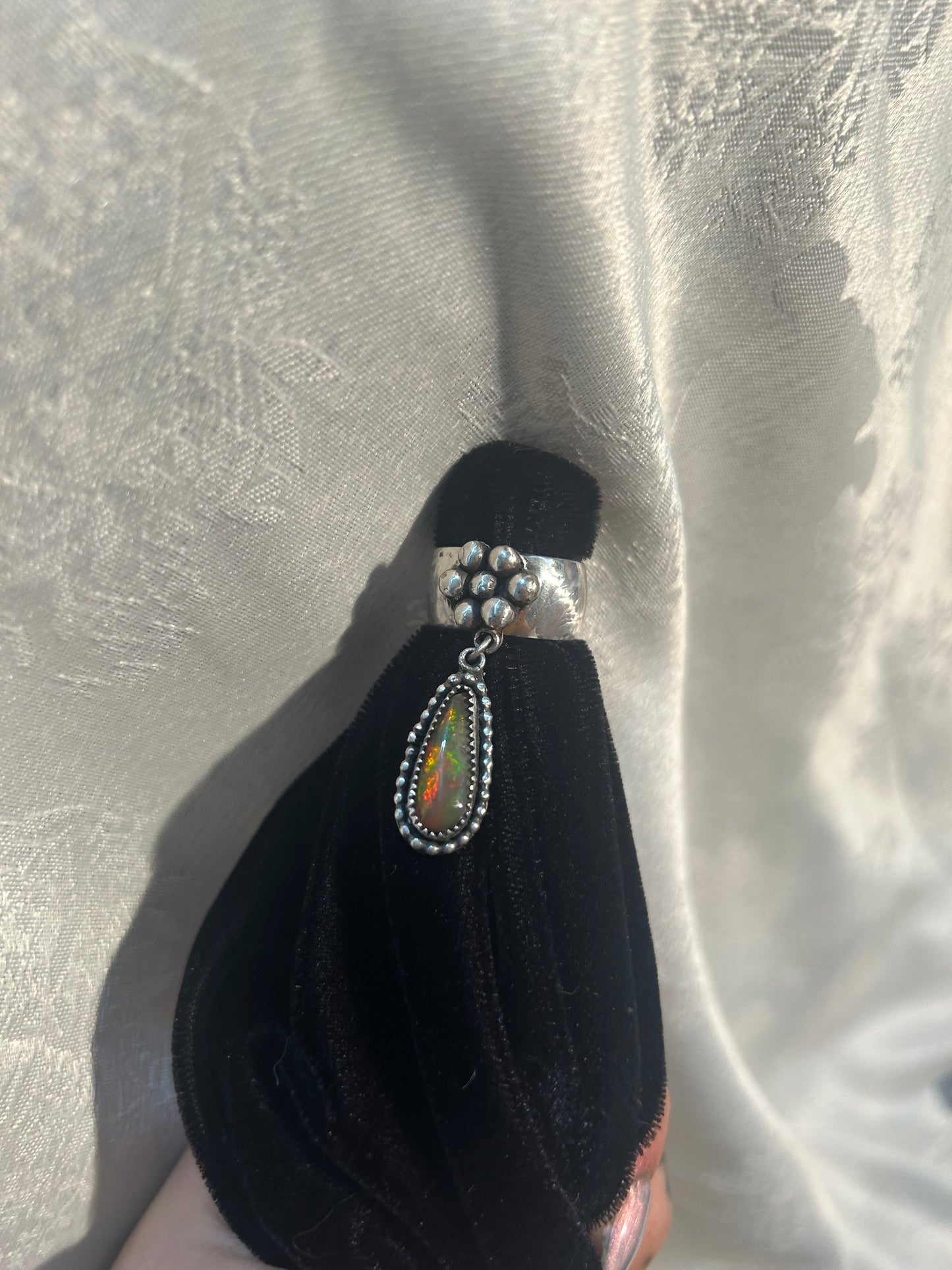 Chunky Flower Ring with Rainbow Opal Teardrop Charm