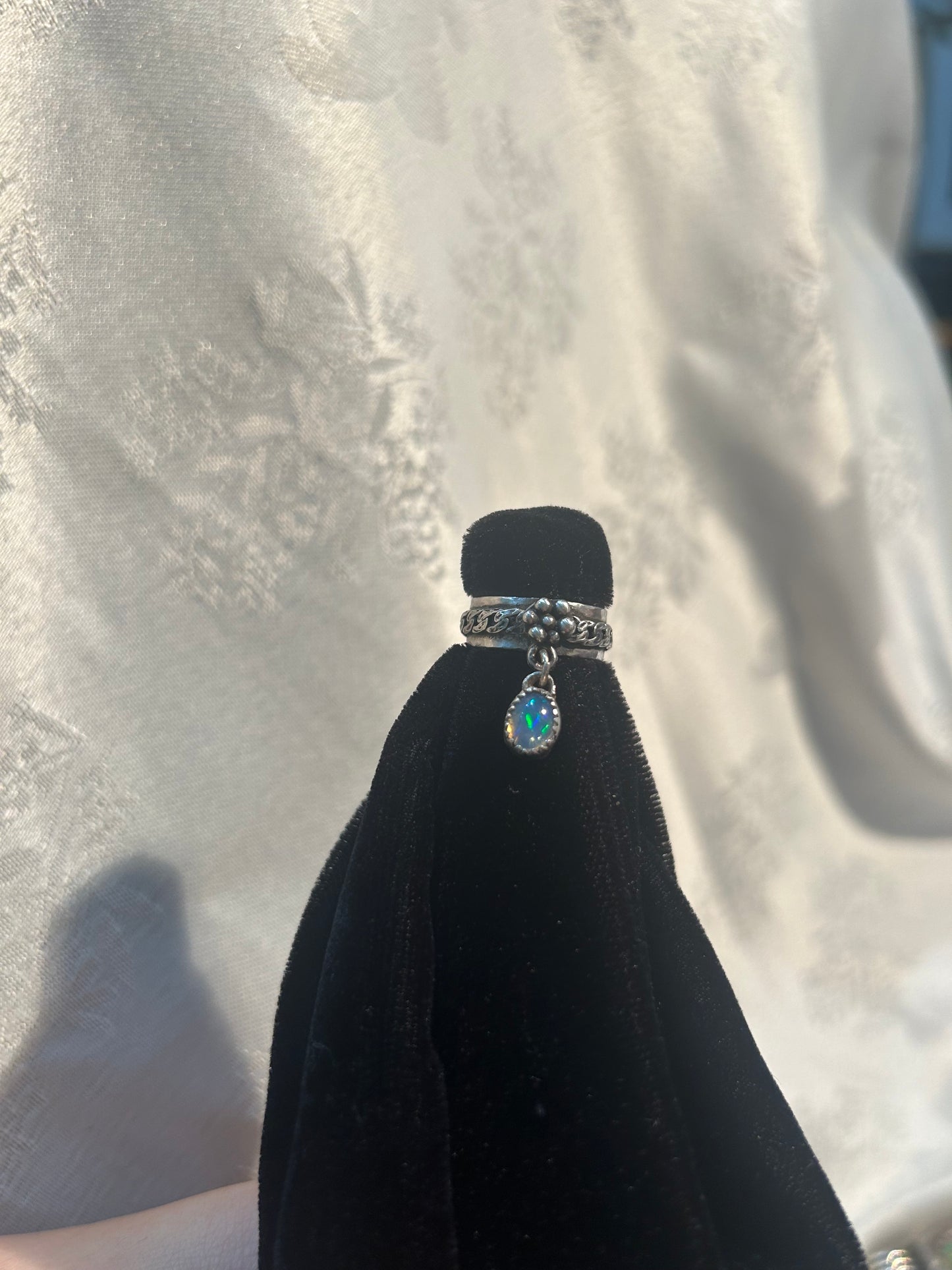 Delicate Flower Chain Ring with Blue Opal Dangle Charm