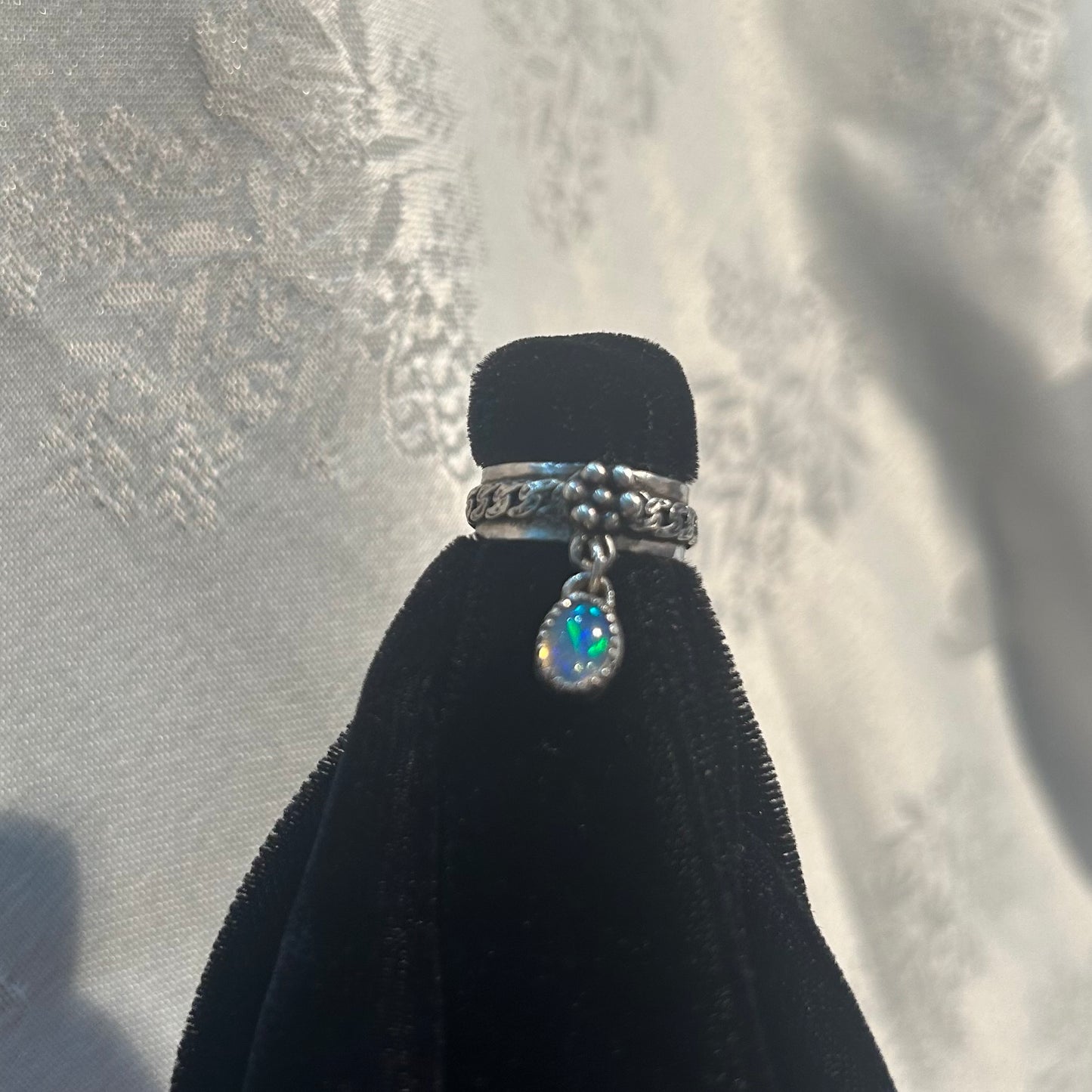 Delicate Flower Chain Ring with Blue Opal Dangle Charm